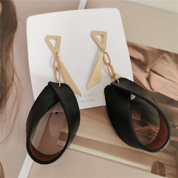 

hbp 2021 long exaggerated pu leather deep coffee brass fashion street racket earrings, Silver