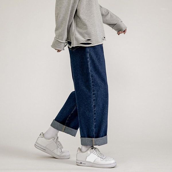 

men's jeans 2021 vintage streetwear loose straight casual wide leg pants cowboy mans korean hip hop trousers summer, Blue
