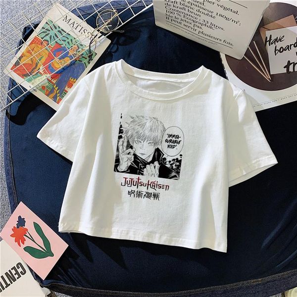

women's t-shirt fashion jujutsu kaisen anime gojo satoru crop short sleeve print women casual 2021 summer soft womens tshirt, White