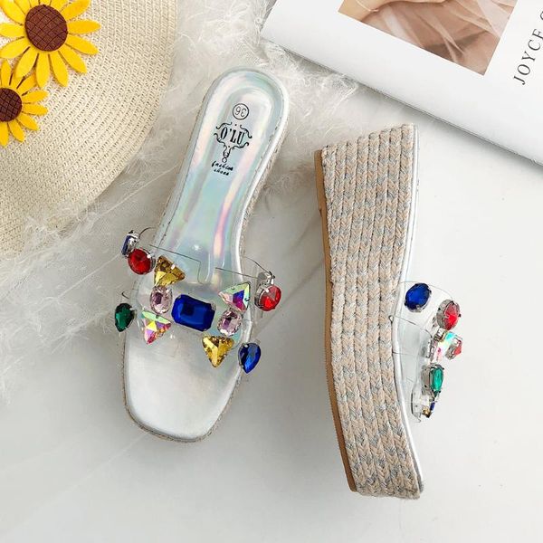 

slippers 2021 summer women crystal 7cm high heels 4cm platform wedges sandals weaving slides colorful diamond beach shoes, Black