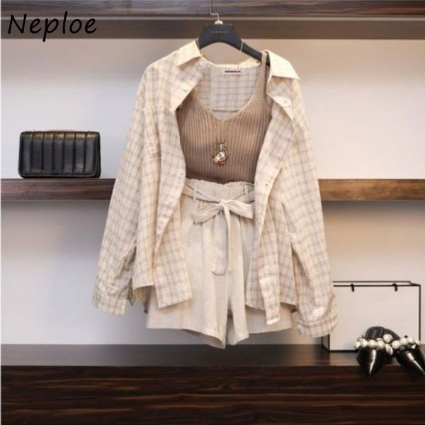

women's tracksuits neploe 2021 casual puls size short sets inner camisole + slingle breasted shirt elastic waist loose shorts women 3pc, Gray
