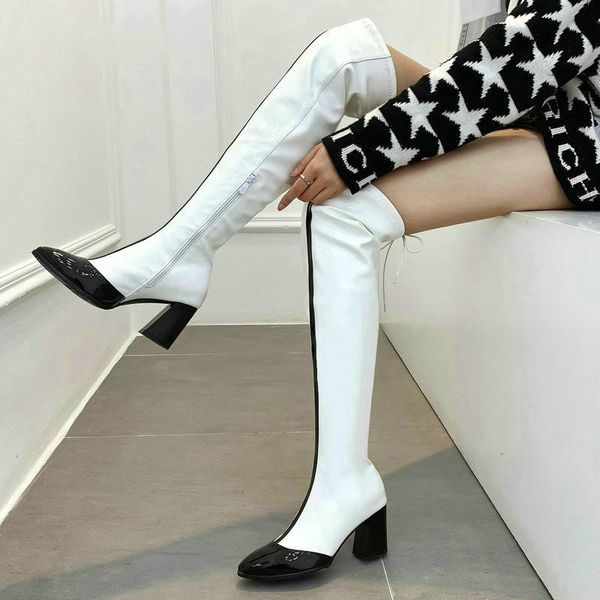 

boots 2021 autumn winter women over the knee fashion zipper thigh ladies square heel pointed toe shoes white red, Black