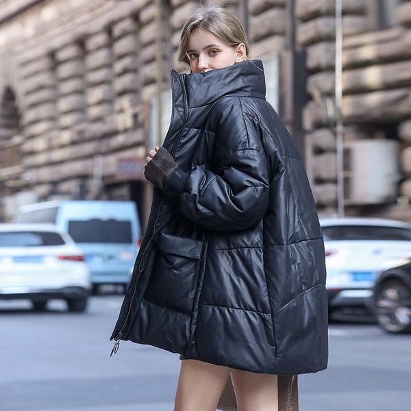 

women's leather & faux down thickened jacket winter 2021 women casual loose fashion sheepskin leisure stand collar thicking outewear, Black