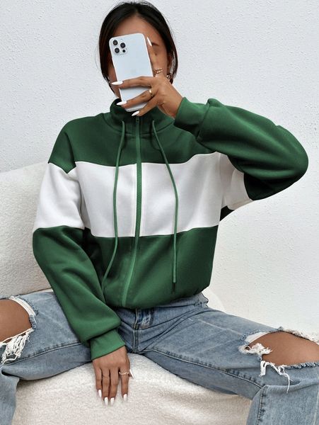 

colorblock zipper up drawstring sweatshirt s4nx#, White;black