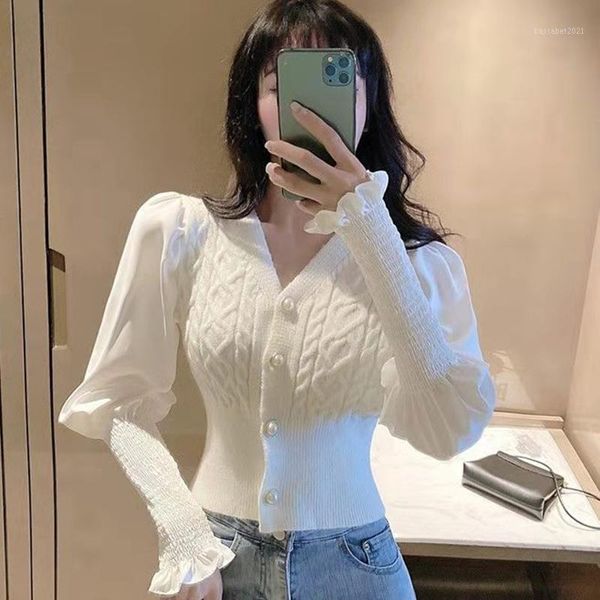 

women's blouses & shirts lucyever patchwork knit korean fashion slim fit v-neck puff sleeve blouse woman elegant button clothes shirt, White