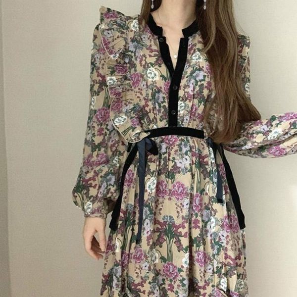 

casual dresses 2021 spring korean chic v-neck floral woman chiffon badange dress contrast ruffles hem vintage elegant women long black, Black;gray
