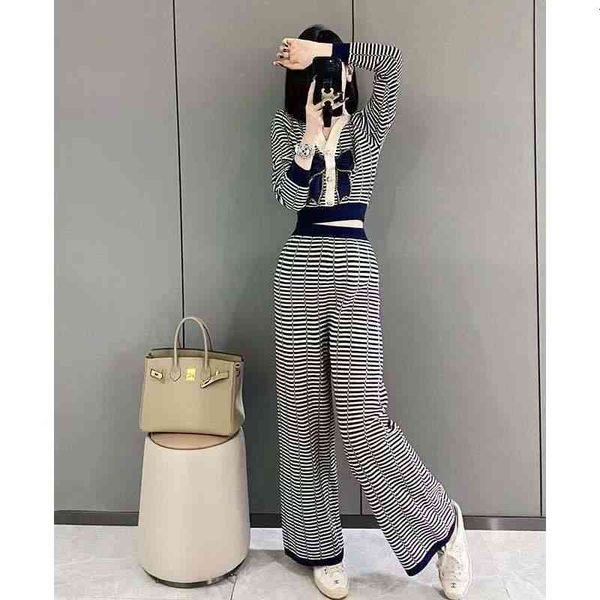 

women's two piece pants advanced stripe splicing sweater sets women knitting + elastic waist wide leg long tracksuit suits lady 61b9, White