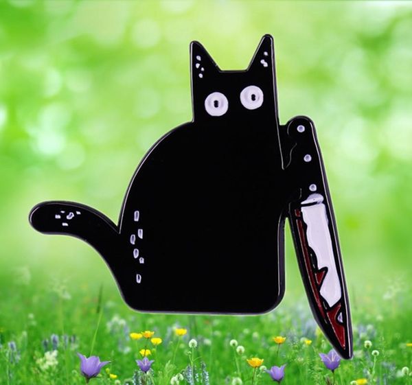 

pins, brooches slayer cat knife kitty bloody black knifecat enamel pin spooky dark art brooch, Gray