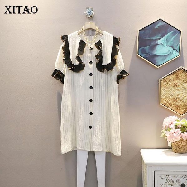 

xitao spring new contrast color dress fashion splicing ruffles turn down collar loose simplicity casual women all-match zy4131, White;black