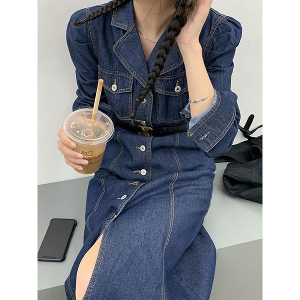 

casual dresses denim women 2021 spring autumn korean slim robe femme temperament single breasted long sleeve midi vestido feminino, Black;gray