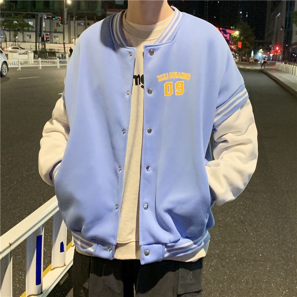 

autumn fake two-piece sports baseball men's trend loose plush handsome student jacket, Black;brown