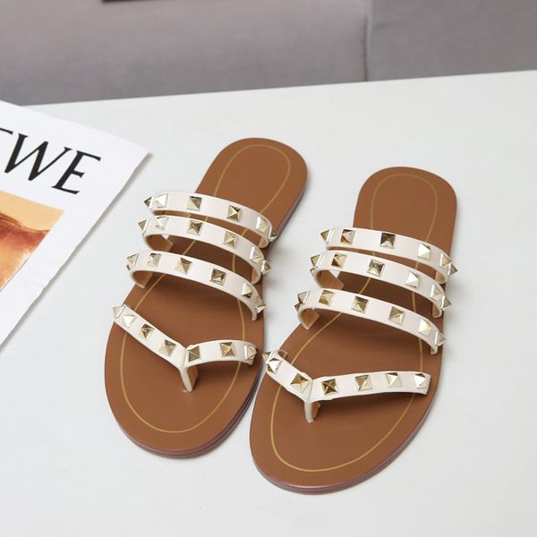 

official website 70% off outlet summer fashion new luxury designer popular women's flat rivet slippers casual shoes sandals genuine lea, Black