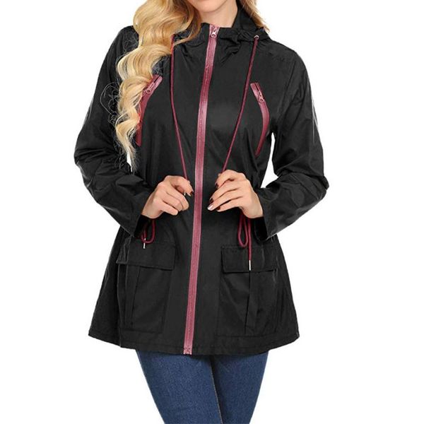 

women's jackets ladies large size long waterproof sunscreen outdoor jacket coat solid color sleeve hood high quality, Black;brown