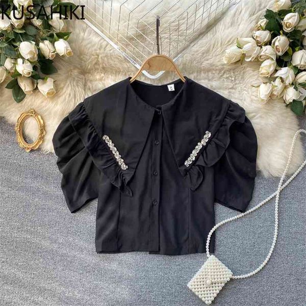 

puff sleeve women blouses korean peter pan collar shirts summer slim short blusas feminimo camisas mujer 6h507 210603, White