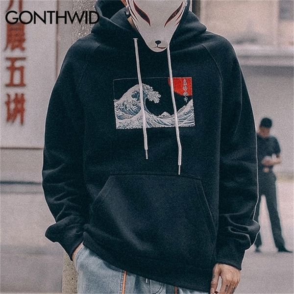 

gonthwid embroidered japanese ukiyo-e kanagawa surfing thin hoodies sweatshirts harajuku hip hop casual pullover hoodie lj201222, Black