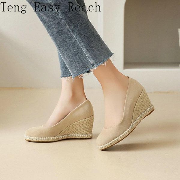 Kleidschuhe 2021 Frühling gewebte Espadrilles Damen Beige Grün Schwarz Frau Plateau Wedges High Heels Pumps