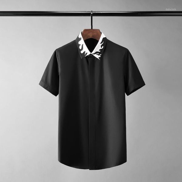 

minglu cotton male shirts luxury short sleeve flame embroidery casual mens dress fashion slim fit party man 4xl men's, White;black