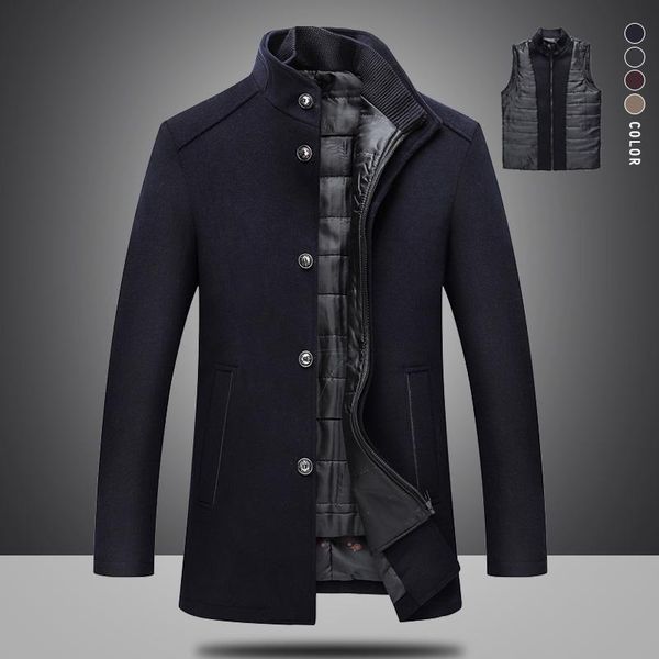 

2021 winter men's wool jacket male overcoat solid stand collar warm thicken woollen overcoat men brand clothing coat bs997, Black