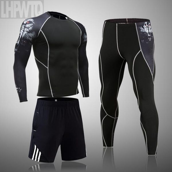 

3 pcs/sets men's training clothing suits cycling thermal underwear quick-drying sportswear gym exercise suit compression clothes, Gray