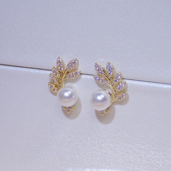 

stud japanese&korea delicate jewelry 14k gold plated zircon leaves earrings for women cute small pearl, Golden;silver