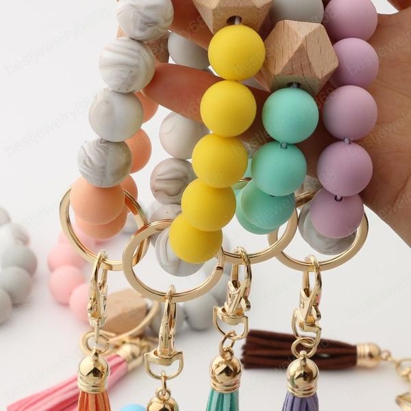 

silicone key ring bracelet with tassel keychains beaded bangle keychain wristlet lady handbag key fob bracelet holder, Slivery;golden