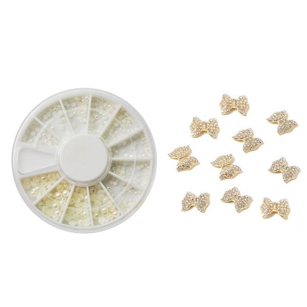 

nail art kits 1 box white pearl stone different size wheel rhinestones & 10 pcs bow tie alloy 3d rhinestone decoration