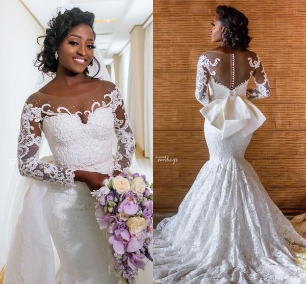

2021 new vintage african long sleeves mermaid wedding with detachable train luxury off shoulder lace applique plus size bridal gown 95or, White
