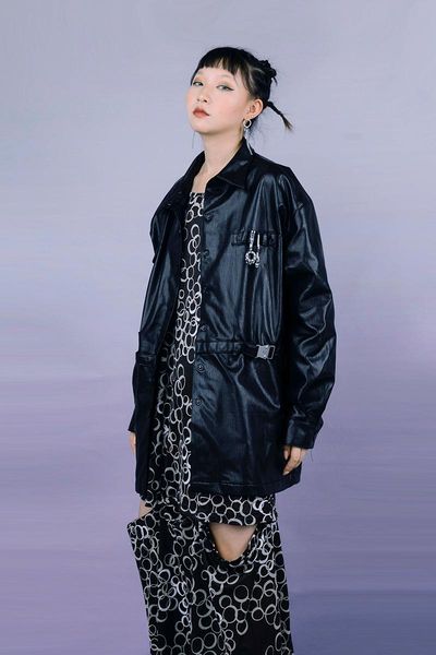 

women's leather & faux black and blue tooling oversize jacket for men women