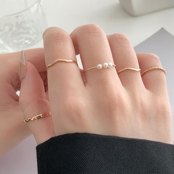 

five piece set ~ temperament pearl plain female niche dign fashion personality ring indifference hand jewelry, Silver
