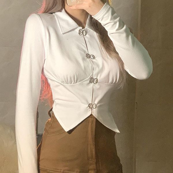 

women's t-shirt trendy female crop solid color long sleeve buckles down slim-fit lapel neck wild stylish ladies t-shirts for dating, White