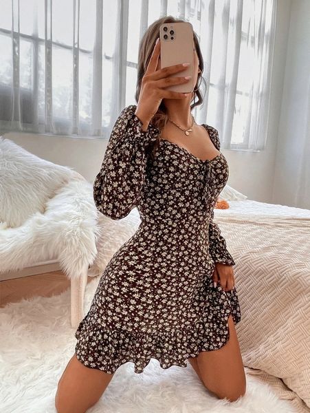 

ditsy floral print knot front flounce sleeve ruffle hem dress y7ax#, Black;gray