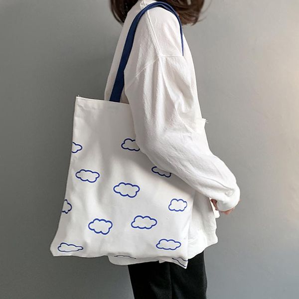 

evening bags women canvas clouds printing tote shopping casual cloth shoulder for girls ladies shopper with zipper