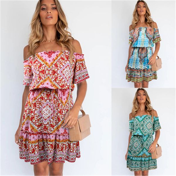 

womens printing bohemia dress fashion trend short sleeve slim skirts designer female summer strapless casual high waist loose dresses, Black;gray
