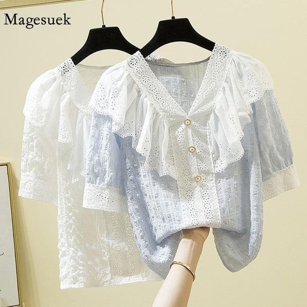 

women's blouses & shirts plus size 4xl summer lace blouse women short sleeve ruffle patchword v neck loose shirt 2021 sweet fashion 14, White