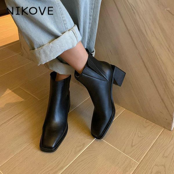 

boots nikove 2021 ankle square toe lace up simple and fashio cow leather high heel fashion ladies shoes size 34-411, Black