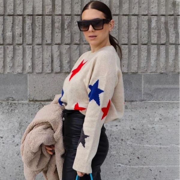 

new color stars cashmere sweater women spring long sleeve round neck soft knitted pullovers casual vintage cozy sweaters 2021 1v1b, Black
