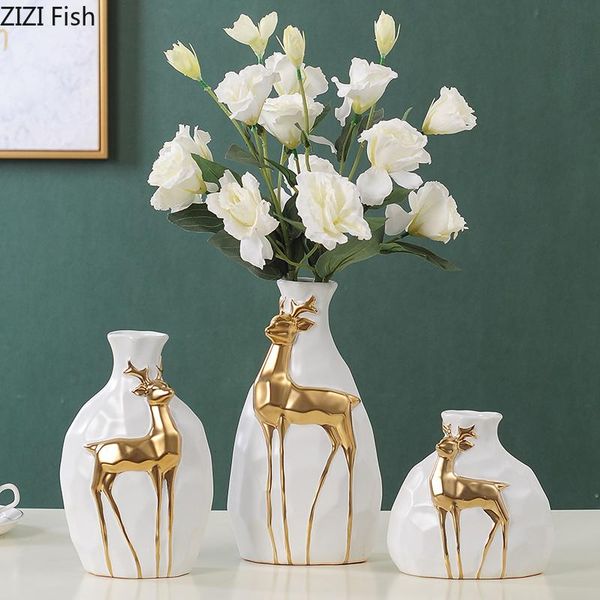 

vases nordic rustic home decor ceramics relief golden deer vase white black flowerpot flower insert dried floral desk decoration