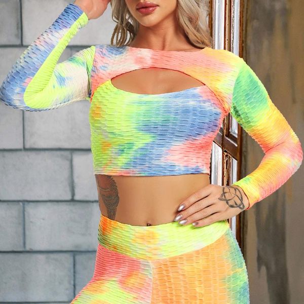 

yoga outfits women long sleeve running shirts exposed navel t-shirts coloful sports stretch fitness gym crop sport wear, White;red