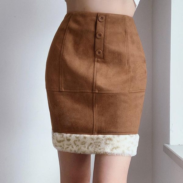 

high-waisted women y2k suede skirts with leopard fur lady trendy 2021 harajuku warm kawaii female pencil mini skirt winter saias, Black
