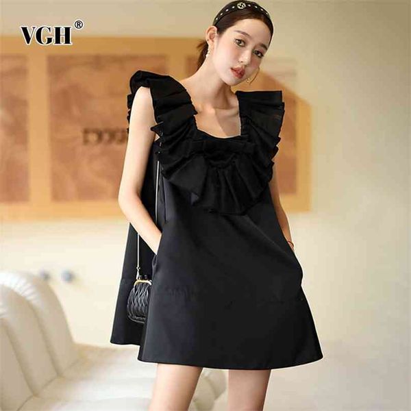 Sexy schwarzes Spitzenkleid für Frauen, quadratischer Kragen, ärmellos, lose koreanische minimalistische Minikleider, weibliche Sommerkleidung 210531