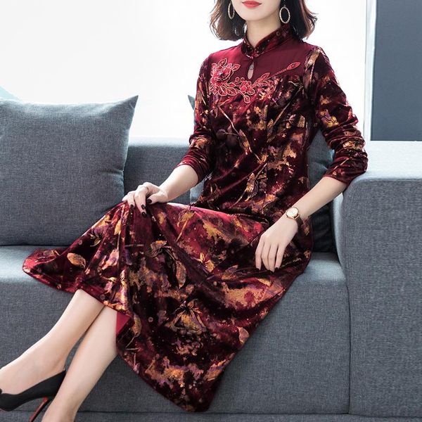 

casual dresses fall women stand collar floral embroidery wine red velvet cheongsam dress , womens 4xl long sleeve spring velour qipao, Black;gray