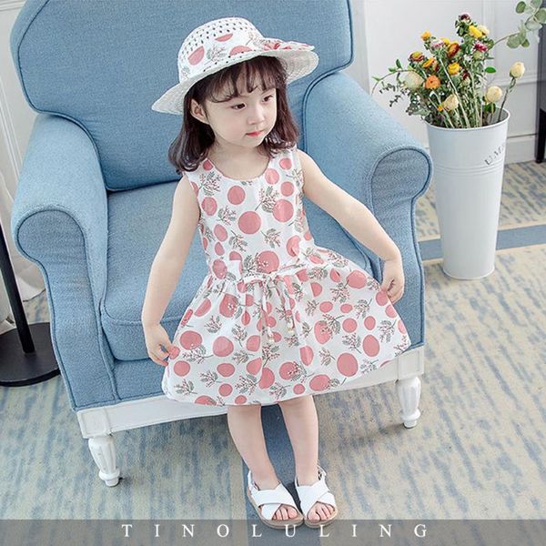 

girl's dresses cute flower print summer baby girl dress with hat 2pcs clothes set infant toddler princess party sleeveless, Red;yellow