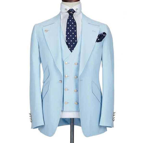 

men's suits & blazers light blue one button men slim fit costume homme wedding groom 3 pcs terno masculino prom jacket+pant+vest, White;black