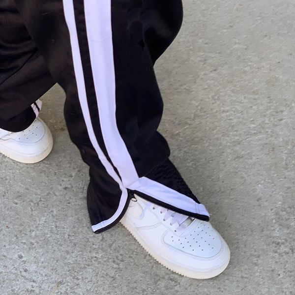 

patchwork strips zipper split black pants women casual high waist long trousers ladies high street pocket sweatpants, Black;white