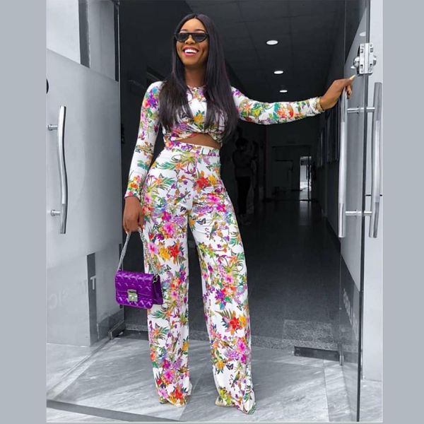 

2021 ins internet celebrity famous two pieces office lady women set print floral t-shirts and long pants, Gray