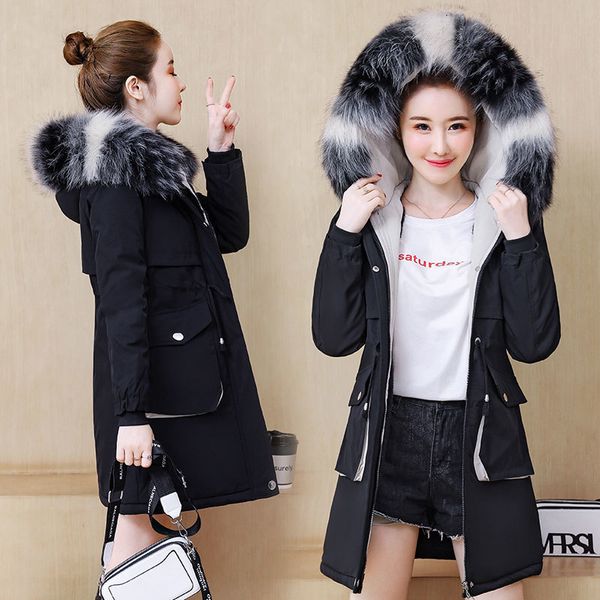 

From Clothes New Winter Women's Thickening Beyond Velvet Hoodie Jacket Big Fur Collar the Waist Cotton Section 28ug, Black