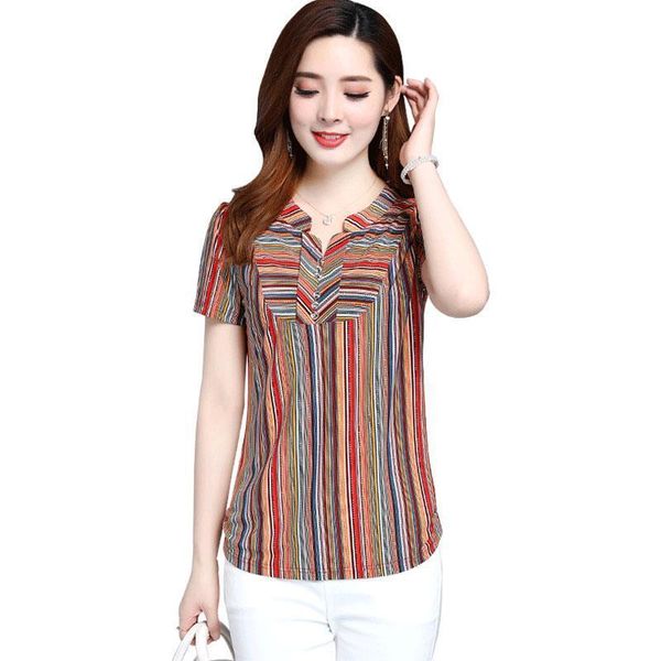 

women spring summer style chiffon blouses shirts lady striped casual short sleeve v neck striped printed blusas df3001, White