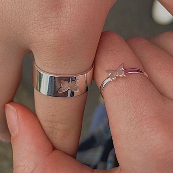 

zilver kleur vlinder ringen voor vrouwen mannen minnaar paar set vriendschap engagement wedding band open 2021 trend sieraden, Slivery;golden