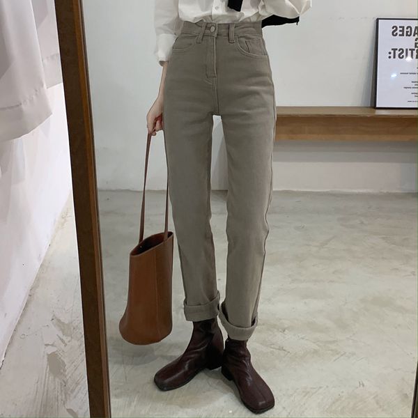 

2021 ol vintage high waist straight denim cotton women bottoms new autumn winter jeans pants solid loose trousers female lu2h, Black;white