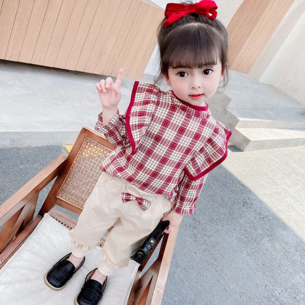 

new children's girls' korean suit 2021 spring clothing 1-4 year old girl's plaid butterfly sleeve shirt 2 pieces